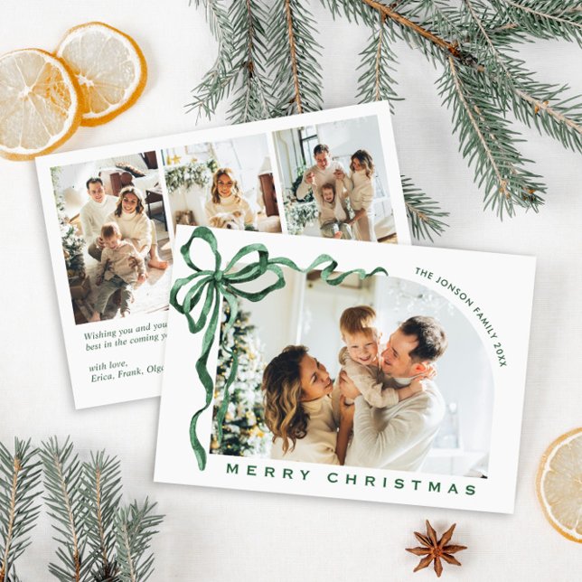 Funky Christmas Boho Green Bow Ribbon 4 Photo Holiday Card (Creator Uploaded)
