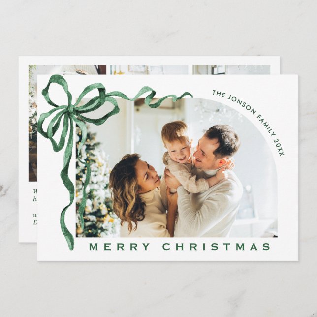Funky Christmas Boho Green Bow Ribbon 4 Photo Holiday Card (Front/Back)