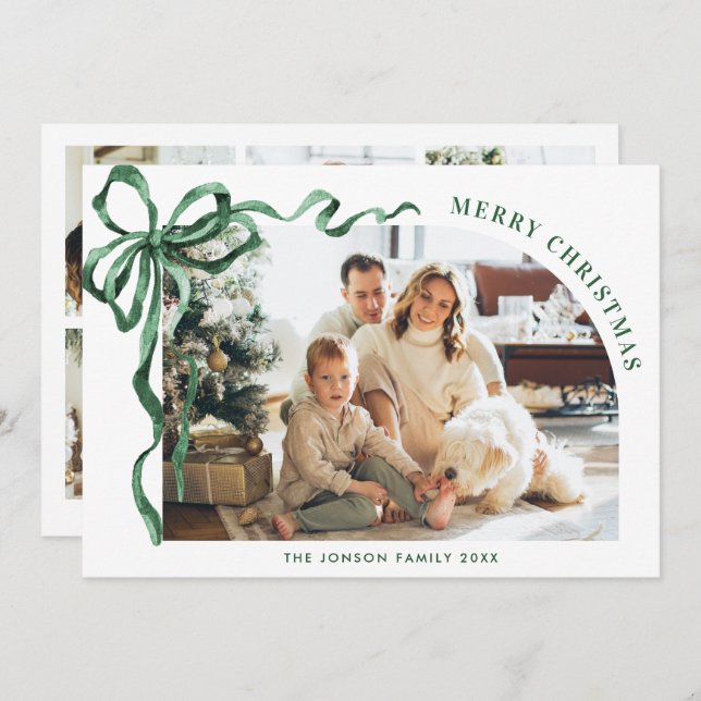 Funky Christmas Boho Green Bow Ribbon 6 Photo Holiday Card (Front/Back)