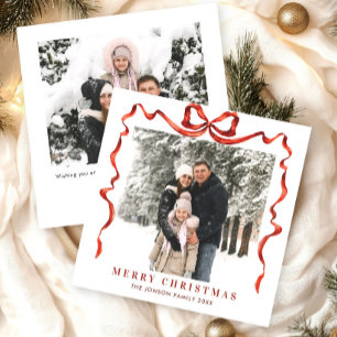 Funky Christmas Boho Red Bow Ribbon 2 Photo Holiday Card
