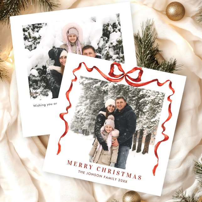 Funky Christmas Boho Red Bow Ribbon 2 Photo Holiday Card (Creator Uploaded)