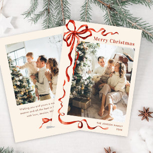 Funky Christmas Boho Red Bow Ribbon 2 Photo Holiday Card