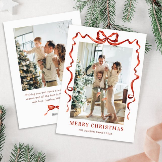 Funky Christmas Boho Red Bow Ribbon 2 Photo Holiday Card (Creator Uploaded)