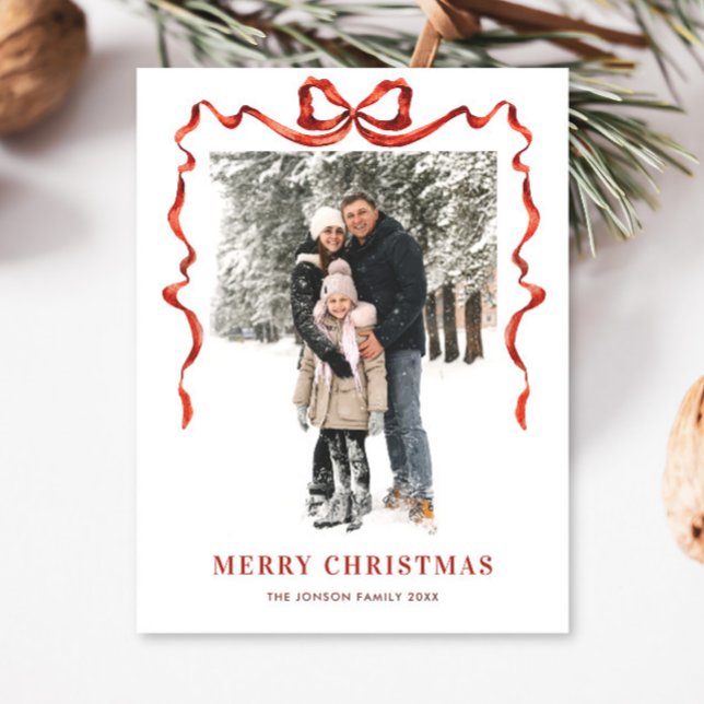 Funky Christmas Boho Red Bow Ribbon 2 Photo Postcard (Creator Uploaded)