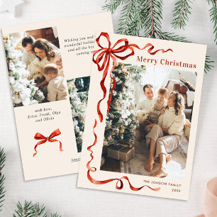 Funky Christmas Boho Red Bow Ribbon 3 Photo Holiday Card