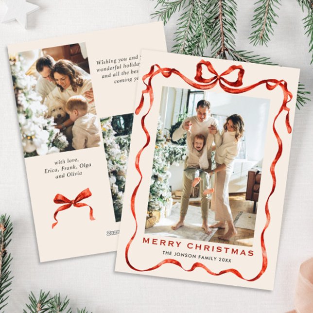 Funky Christmas Boho Red Bow Ribbon 3 Photo Holiday Card (Creator Uploaded)