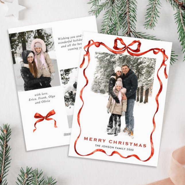 Funky Christmas Boho Red Bow Ribbon 3 Photo Holiday Card (Creator Uploaded)