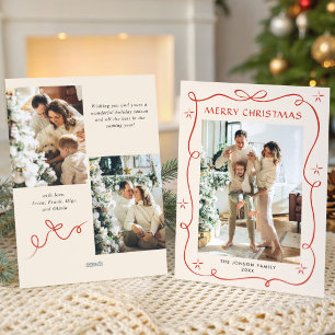 Funky Christmas Boho Red Bow Ribbon 3 Photo Holiday Card