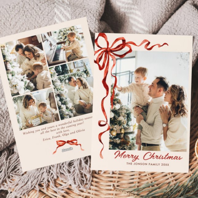 Funky Christmas Boho Red Bow Ribbon 5 Photo Holiday Card (Creator Uploaded)