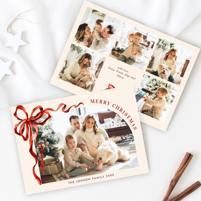 Funky Christmas Boho Red Bow Ribbon 6 Photo Holiday Card (Creator Uploaded)