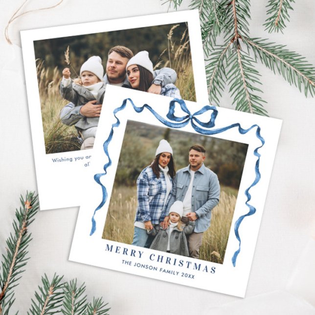 Funky Christmas Dusty Blue Bow Ribbon 2 Photo Holiday Card (Creator Uploaded)