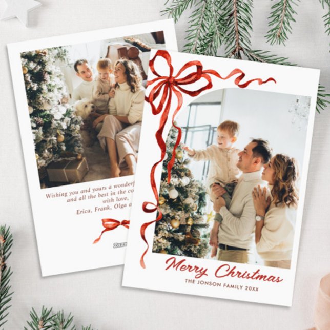 Funky Christmas Red Bow Ribbon 2 Photo Holiday Card (Creator Uploaded)