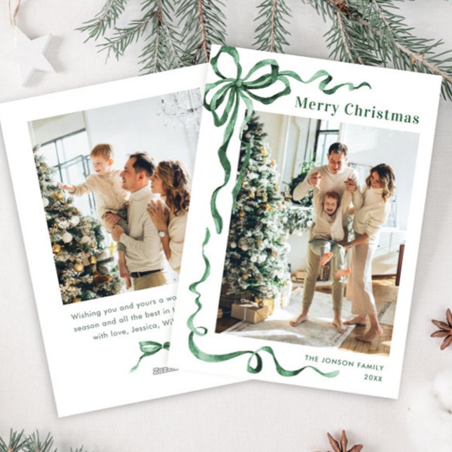 Funky Christmas Sage Green Bow Ribbon 2 Photo Holiday Card (Creator Uploaded)