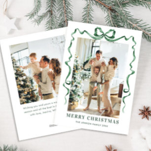 Funky Christmas Sage Green Bow Ribbon 2 Photo Holiday Card