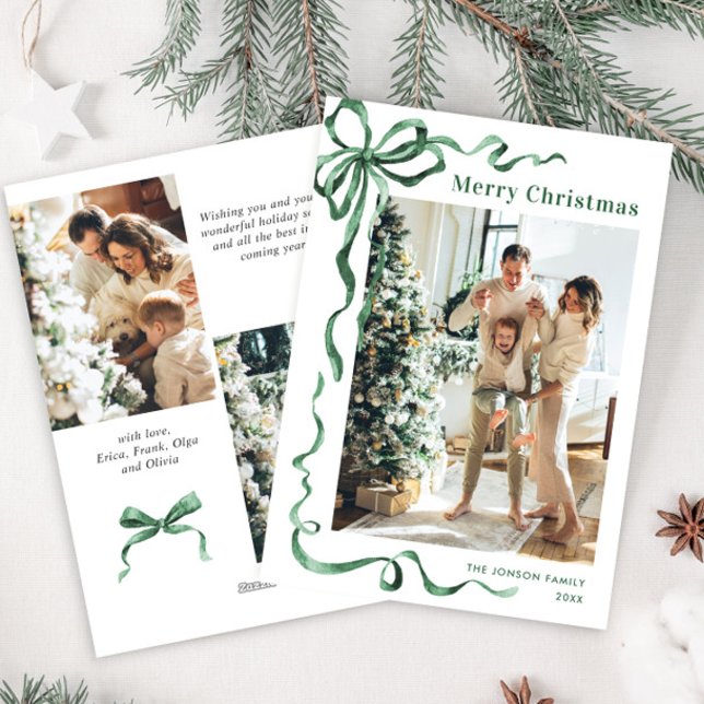 Funky Christmas Sage Green Bow Ribbon 3 Photo Holiday Card (Creator Uploaded)