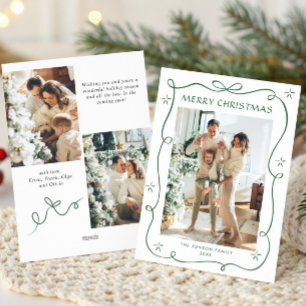 Funky Christmas Sage Green Bow Ribbon 3 Photo Holiday Card