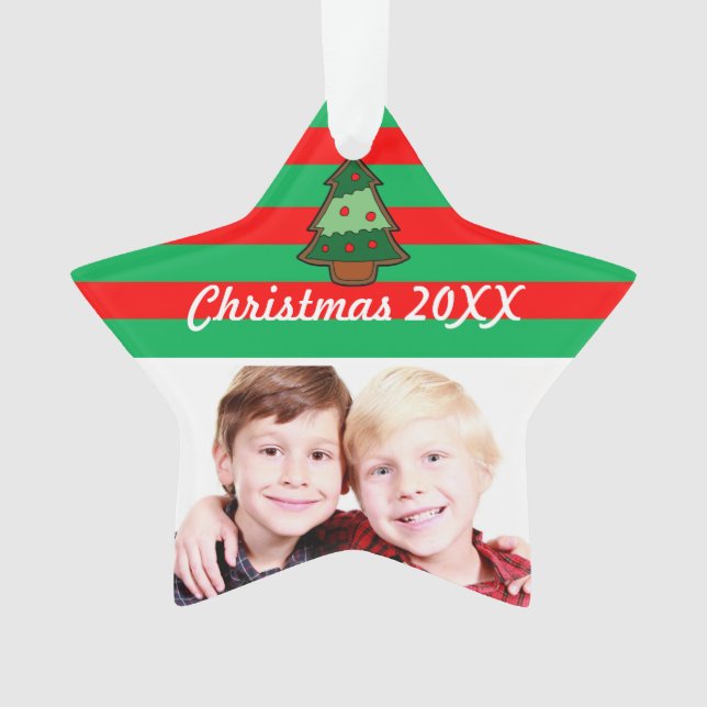 Funky Christmas Tree and Stripes Custom Photo Ornament (Front)