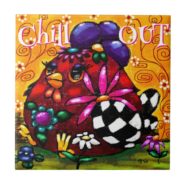 Funky Chunky Floral Chicken Colourful Personalised Tile (Front)