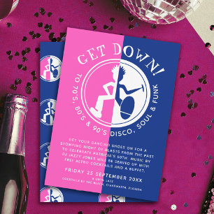 Funky clubber blue pink get down retro party invitation