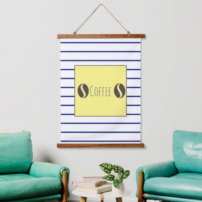 Funky Coffee Beans Blue White Stripes Hanging Tapestry (Living Room)