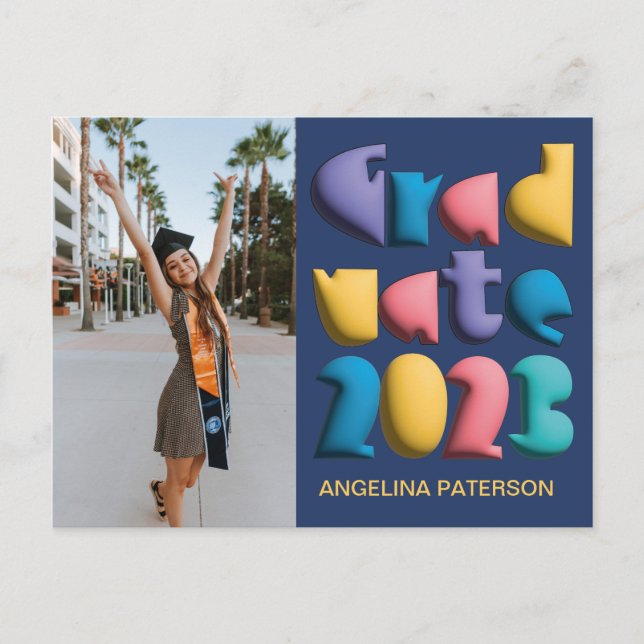 Funky Colourful Balloon Calligraphy Graduate Party Invitation Postcard (Front)