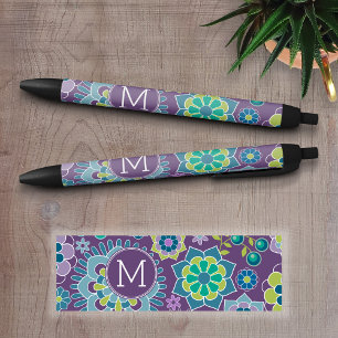 Funky Colourful Floral Pattern Custom Monogram Black Ink Pen