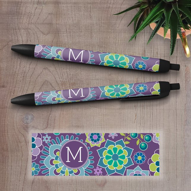 Funky Colourful Floral Pattern Custom Monogram Black Ink Pen (Custom Pen - Personalize this writing pen with your name, monogram or other text)