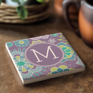 Funky Colourful Floral Pattern Custom Monogram Stone Coaster