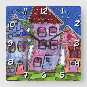 Funky Colourful Houses Square Wall Clock