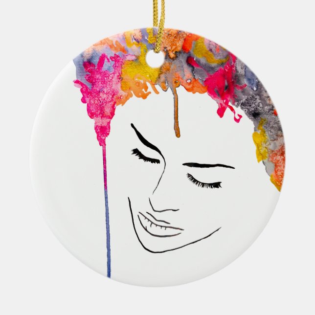 Funky colourful rainbow lady art ceramic tree decoration (Front)