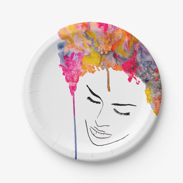 Funky colourful rainbow lady art paper plate (Front)