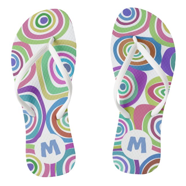Funky Colourful Retro Circles Pattern Monogram Jandals (Footbed)