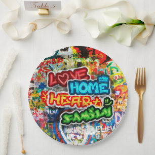 Funky Colourful Streetart Graffiti Love Home Heart Paper Plate