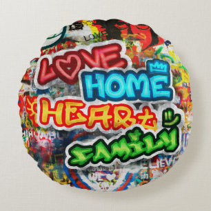 Funky Colourful Streetart Graffiti Love Home Heart Round Cushion