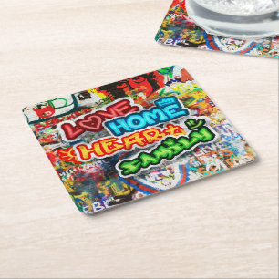 Funky Colourful Streetart Graffiti Love Home Heart Square Paper Coaster