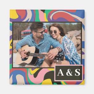 Funky Colourful Swirl Pattern Couple Photo Name Magnet