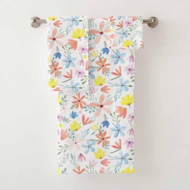 Funky Colourful Watercolor Floral Pattern Bath Towel Set (Insitu)