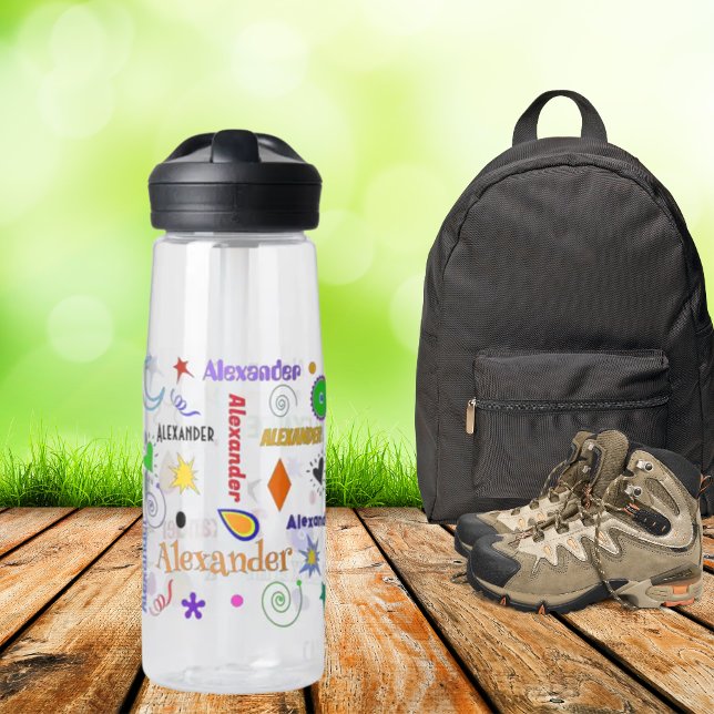 Funky Colourful Whimsy Shapes Personalised Name Water Bottle (Creator Uploaded)
