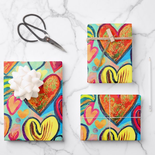 Funky Colours Heart Pattern Mix Wrapping Paper Sheet (Front)