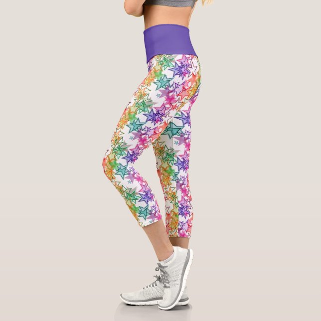 Funky Cool Colourful Retro Modern Stars Pattern Capri Leggings (Left)