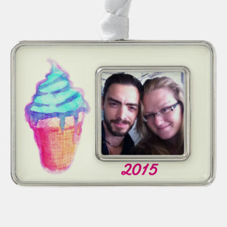 Funky Cool Drippy Ice Cream Cone in Watercolors Silver Plated Framed Ornament