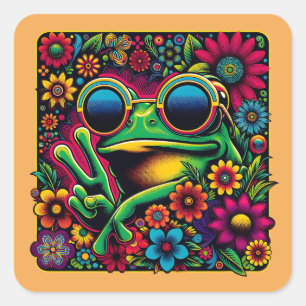 Funky Cool Frog Peace Sign Square Sticker