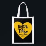 Funky & Cool Yellow Heart Bride Tribe Reusable Grocery Bag<br><div class="desc">A bold yellow heart really pops on a black background. Funky lettering spells out Bride Tribe. The bride's name and the word wedding are below,  then the date. Cool and modern design. You can change all of the text and the colour of the background.</div>