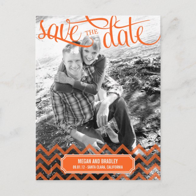 Funky Couple Save The Date Postcard - Orange (Front)