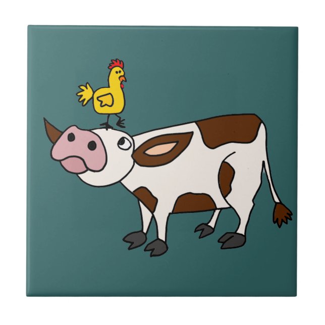 Funky Cow with Chicken on Her Head Cartoon Tile (Front)