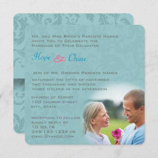Funky Damask Aqua Blue Pink Wedding Invitation (Front/Back)