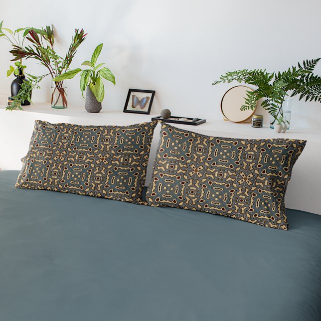 Funky Dark Teal Blue Taupe Brown Bohemian Bali Art Pillowcase (Creator Uploaded)