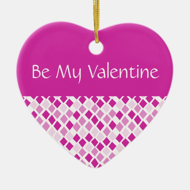 Funky Diamonds Pink Valentines Heart Ceramic Tree Decoration (Front)
