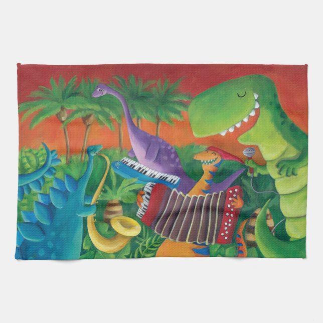 Funky Dinosaur Band Tea Towel (Horizontal)