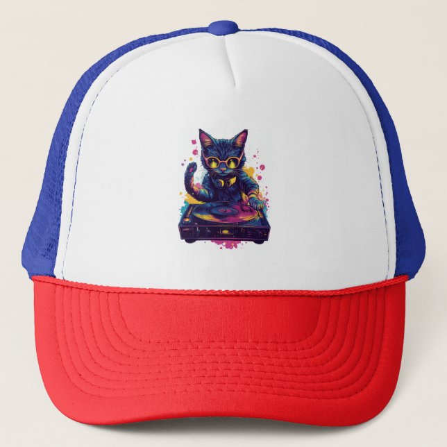 Funky DJ Cat � Retro Disco Kitty Party Trucker Hat (Front)